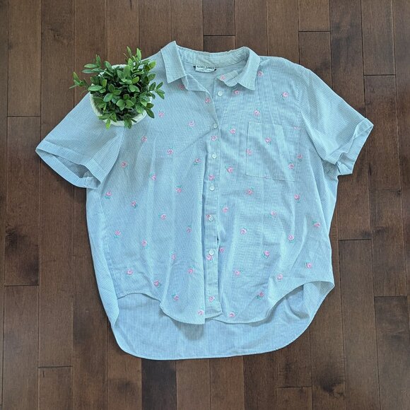 Alfred Dunner Blue Button Down Shirt with Pink Accents - Picture 1 of 2